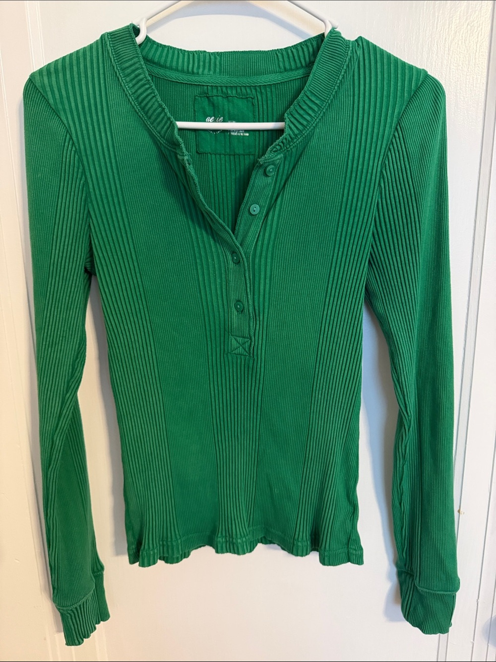 aerie Green Ribbed Henley Long Sleeve Top